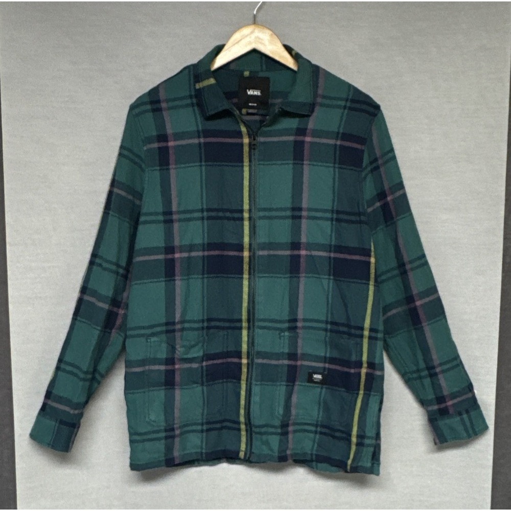 Vans Sz M - Plaid Full Zip Flannel Shirt Jacket Shacket Green Chore Coat Pockets